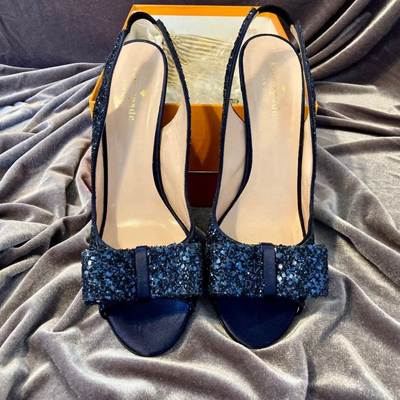 Kate Spade Midnight Blue Open Toe Heels w/Bow - Picture 1 of 3